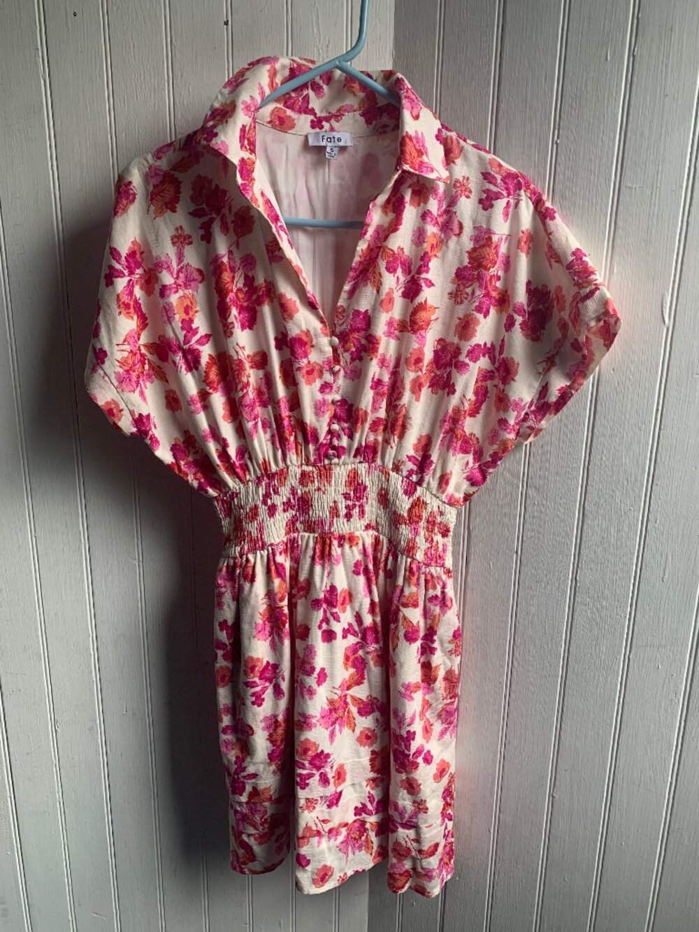Fate Floral Dress White Pink Orange Smocked Waist Buttons Point Collar Cotton S